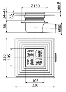 Сливной трап AlcaPlast 105 ? 105/50мм воротник – 2-х уровневая изоляция гидрозатвор – сухой для установки снаружи решетка - хром APV26C